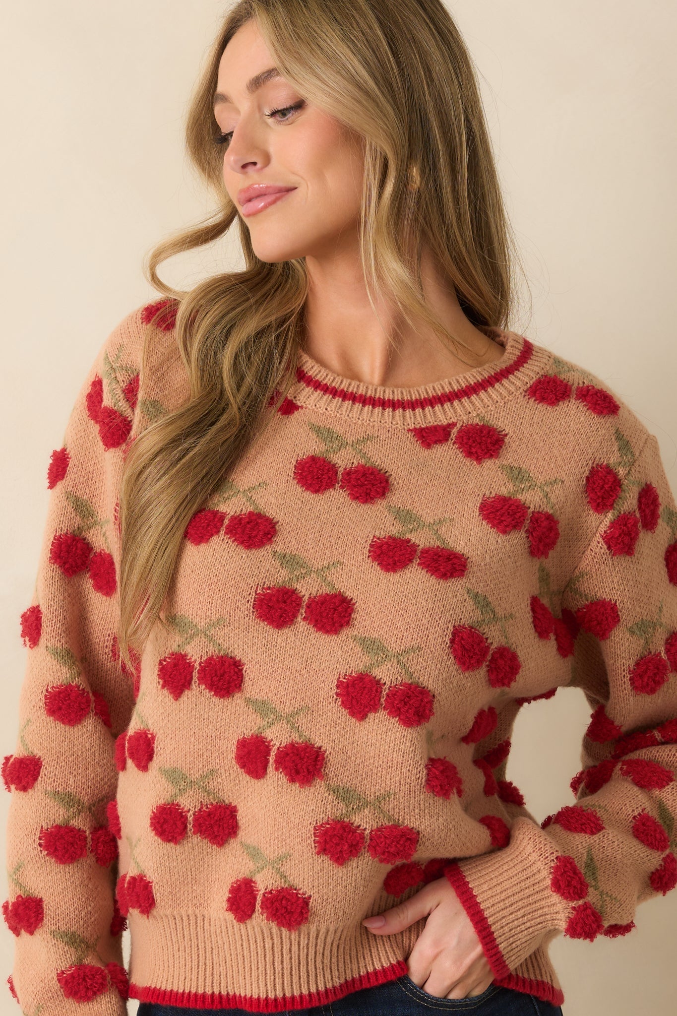 Tell It Like It Is Camel Brown Cherry Knit Long Sleeve Sweater