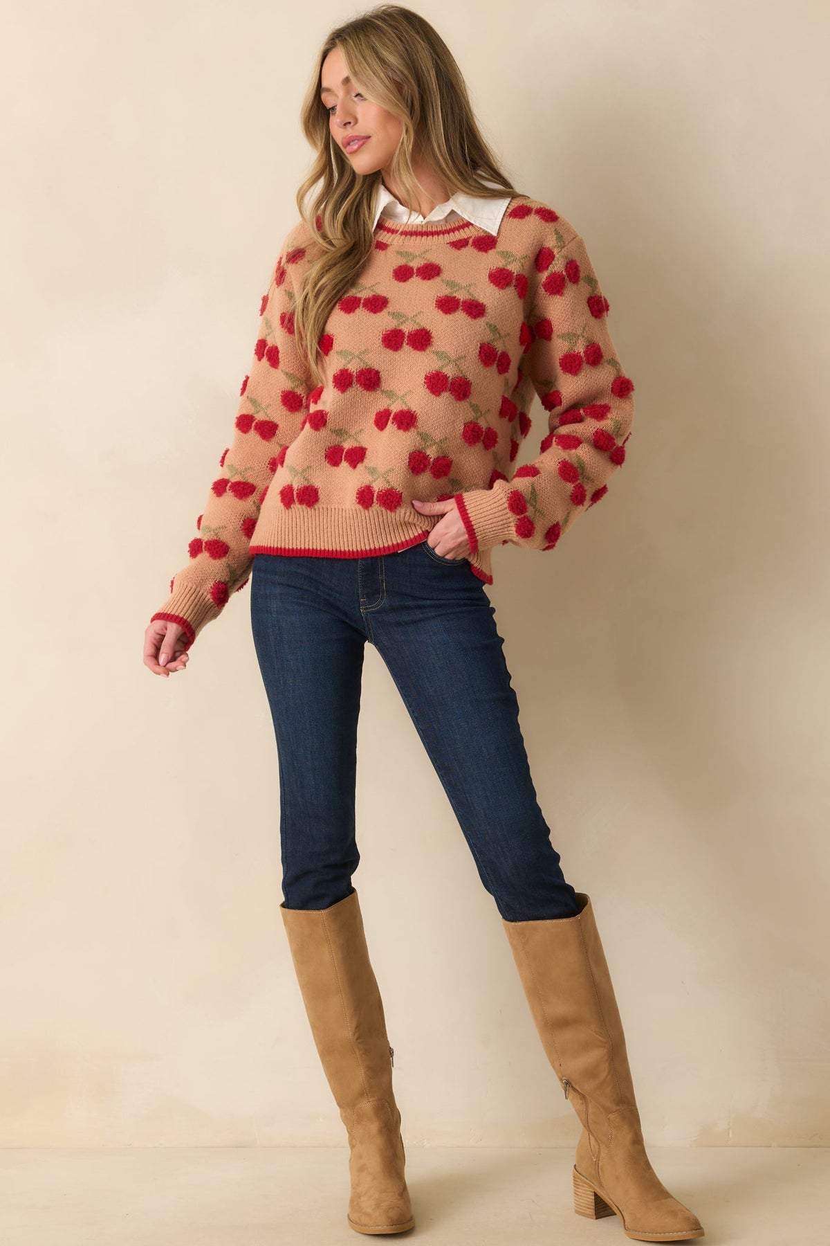 Tell It Like It Is Camel Brown Cherry Knit Long Sleeve Sweater