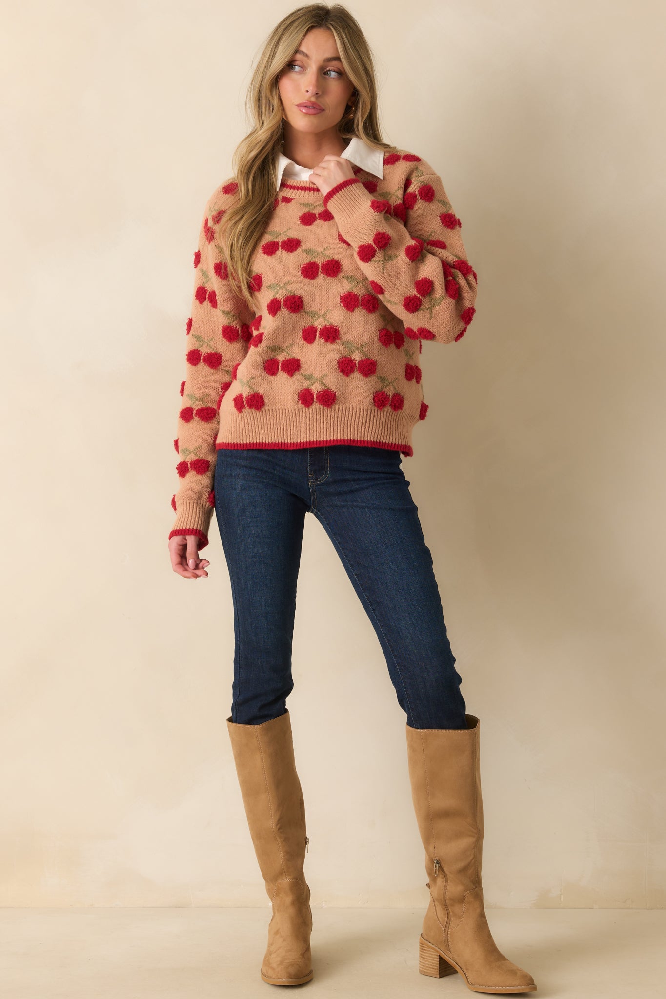 Tell It Like It Is Camel Brown Cherry Knit Long Sleeve Sweater