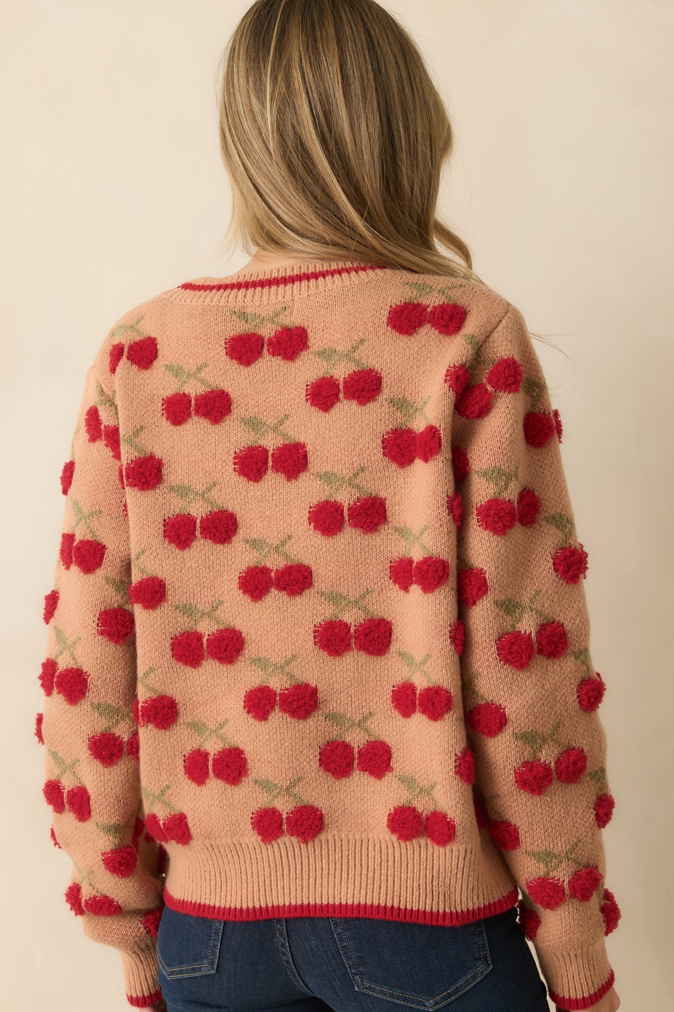 Tell It Like It Is Camel Brown Cherry Knit Long Sleeve Sweater