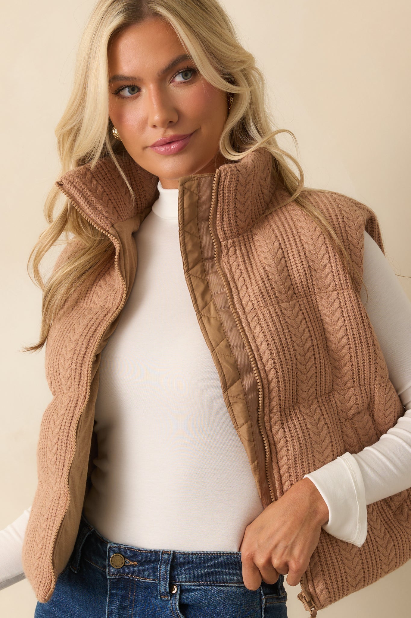 Thread & Supply Stormi Camel Brown Cable Knit Puffer Vest