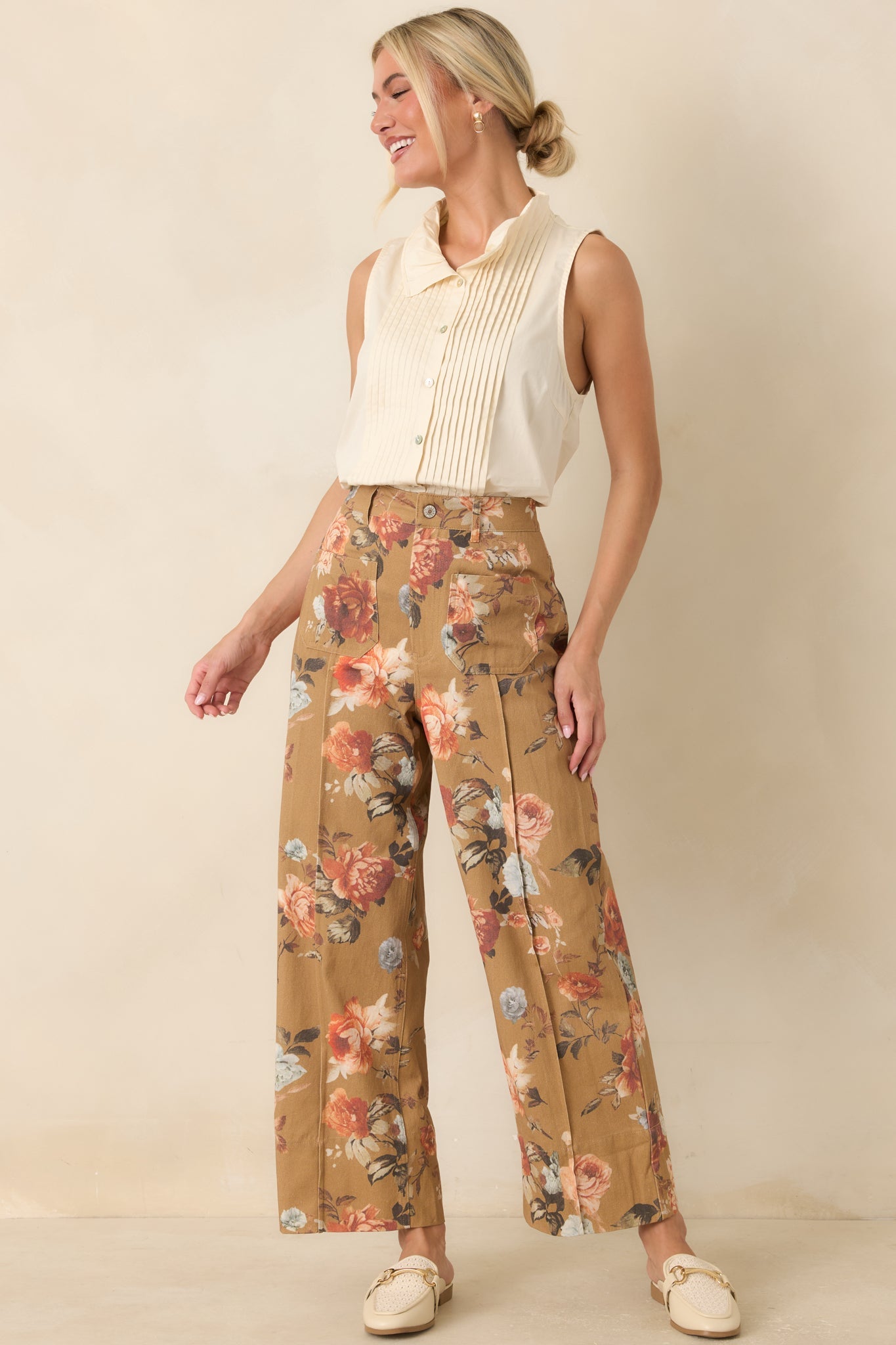 Gathering Roses Camel Floral Wide Leg Pants