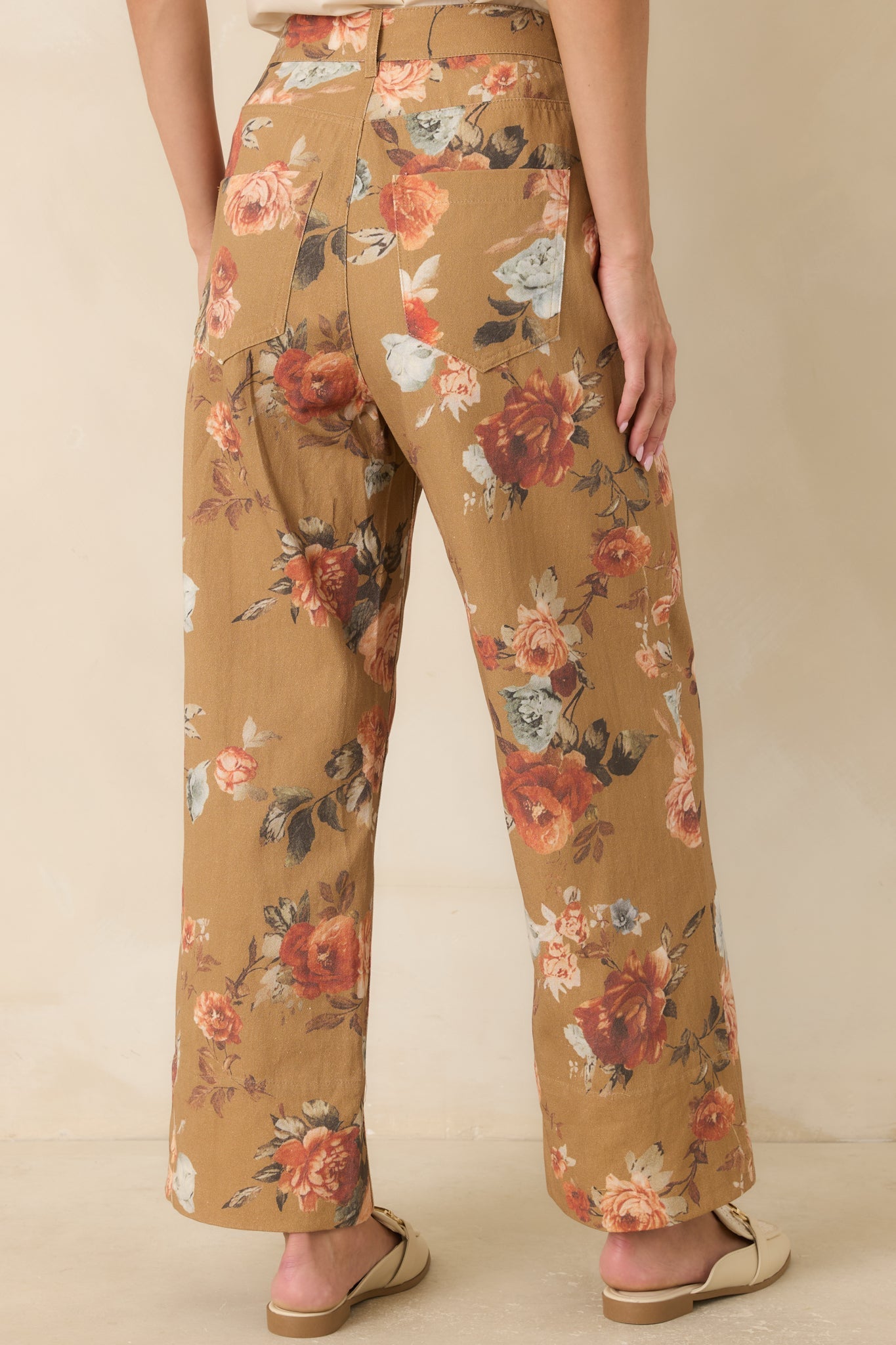 Gathering Roses Camel Floral Wide Leg Pants