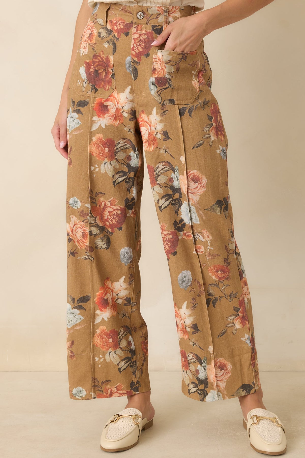 Gathering Roses Camel Floral Wide Leg Pants
