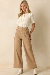 Set For The Day Camel Cotton Scalloped Wide Leg Pants
