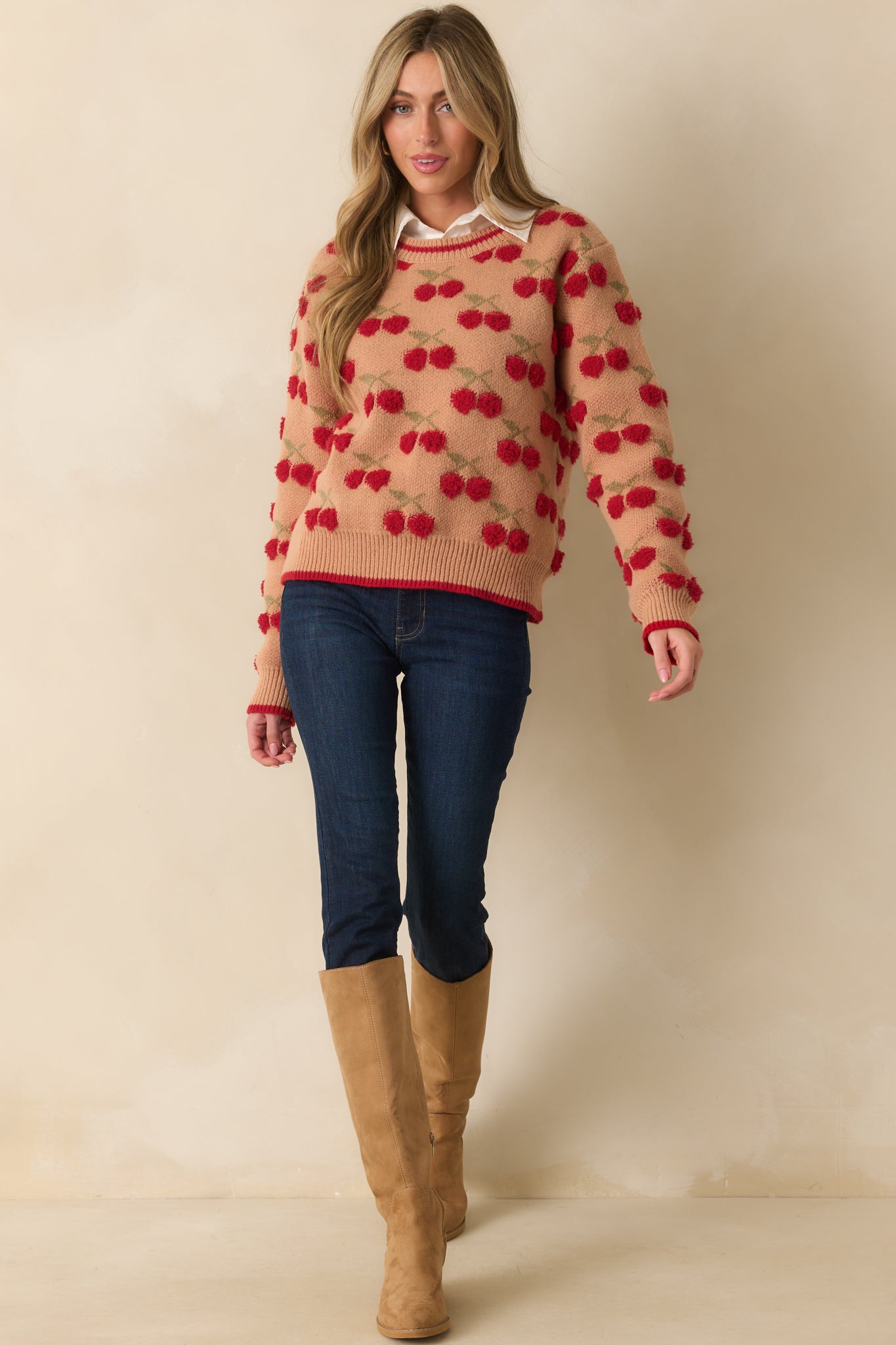 Tell It Like It Is Camel Brown Cherry Knit Long Sleeve Sweater