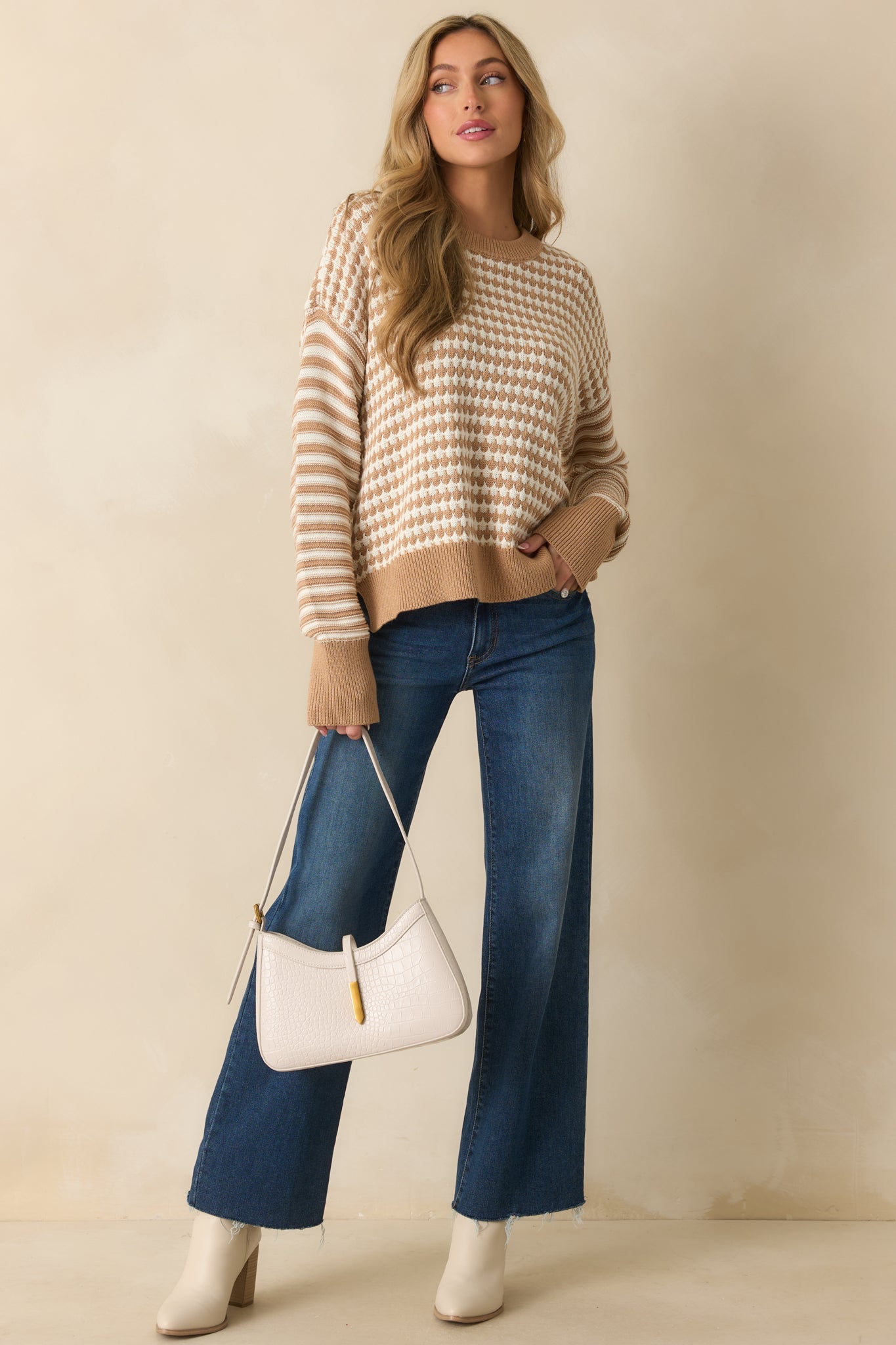 Ready Or Not Camel Brown Geometric Knit Long Sleeve Sweater