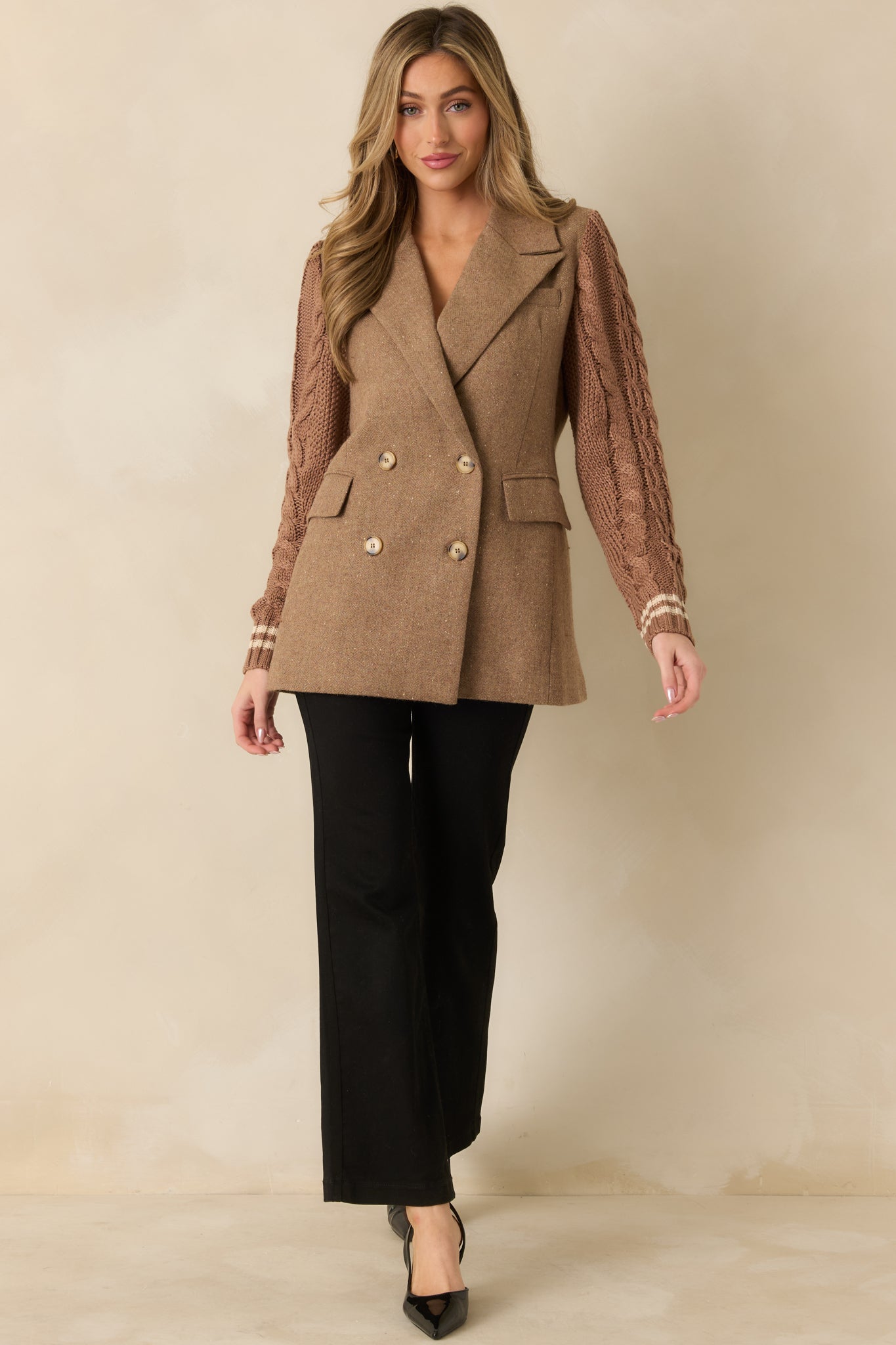 Well Suited Camel Wool Blend Knit Sweater Sleeve Blazer