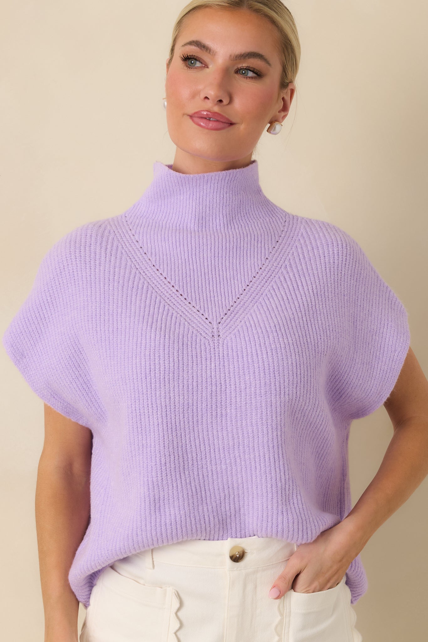 Cool Intentions Lavender Ribbed Knit Mockneck Cap Sleeve Sweater