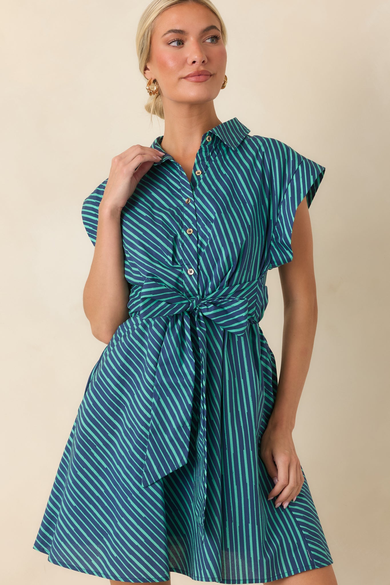 Blurred Lines Teal Stripe Tie Waist Mini Dress