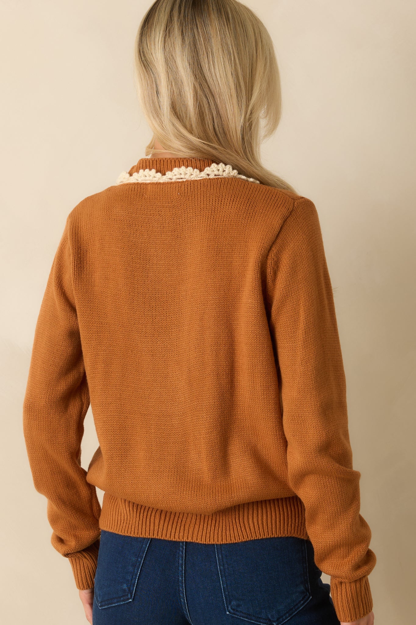 Settling In Caramel Brown Floral Embroidered Button Front Cardigan