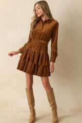 Against The Grain Caramel Brown Corduroy Belted Mini Shirt Dress