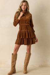 Against The Grain Caramel Brown Corduroy Belted Mini Shirt Dress