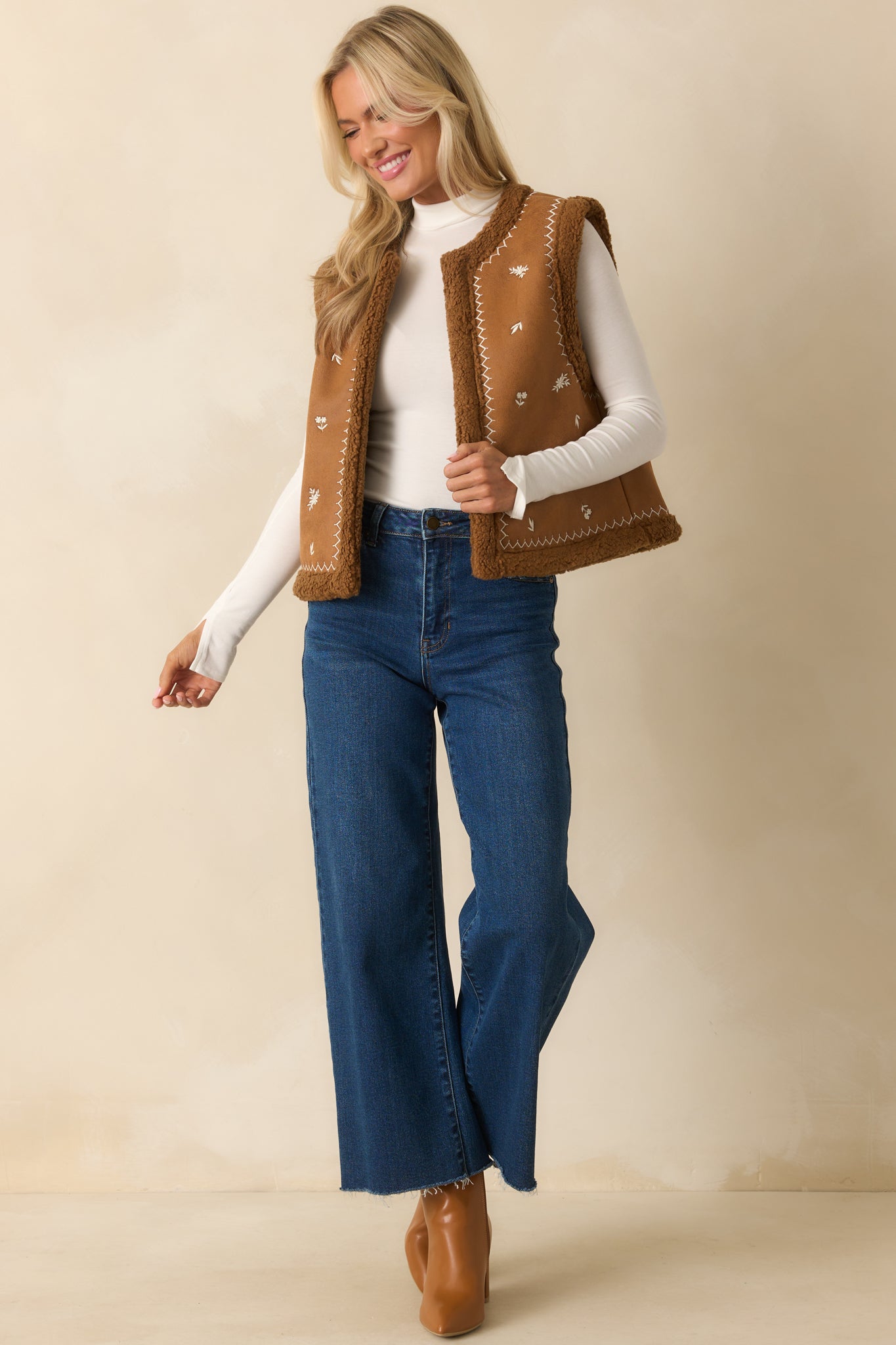 Go Ahead Then Caramel Brown Faux Suede Floral Embroidered Vest