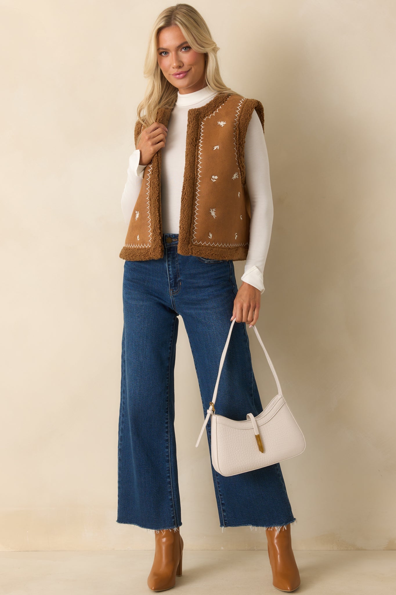 Go Ahead Then Caramel Brown Faux Suede Floral Embroidered Vest