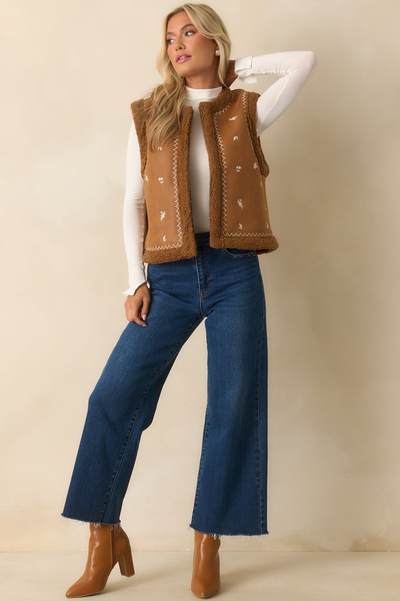 Go Ahead Then Caramel Brown Faux Suede Floral Embroidered Vest