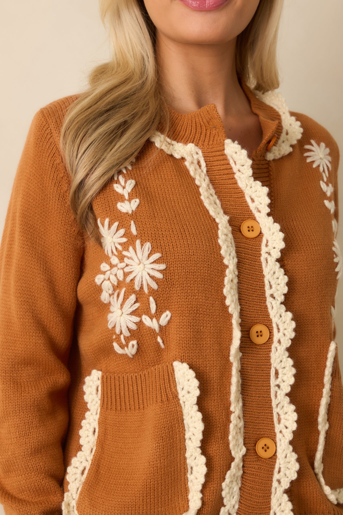 Settling In Caramel Brown Floral Embroidered Button Front Cardigan