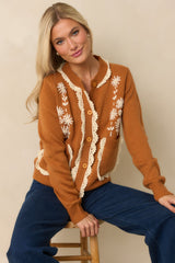 Settling In Caramel Brown Floral Embroidered Button Front Cardigan