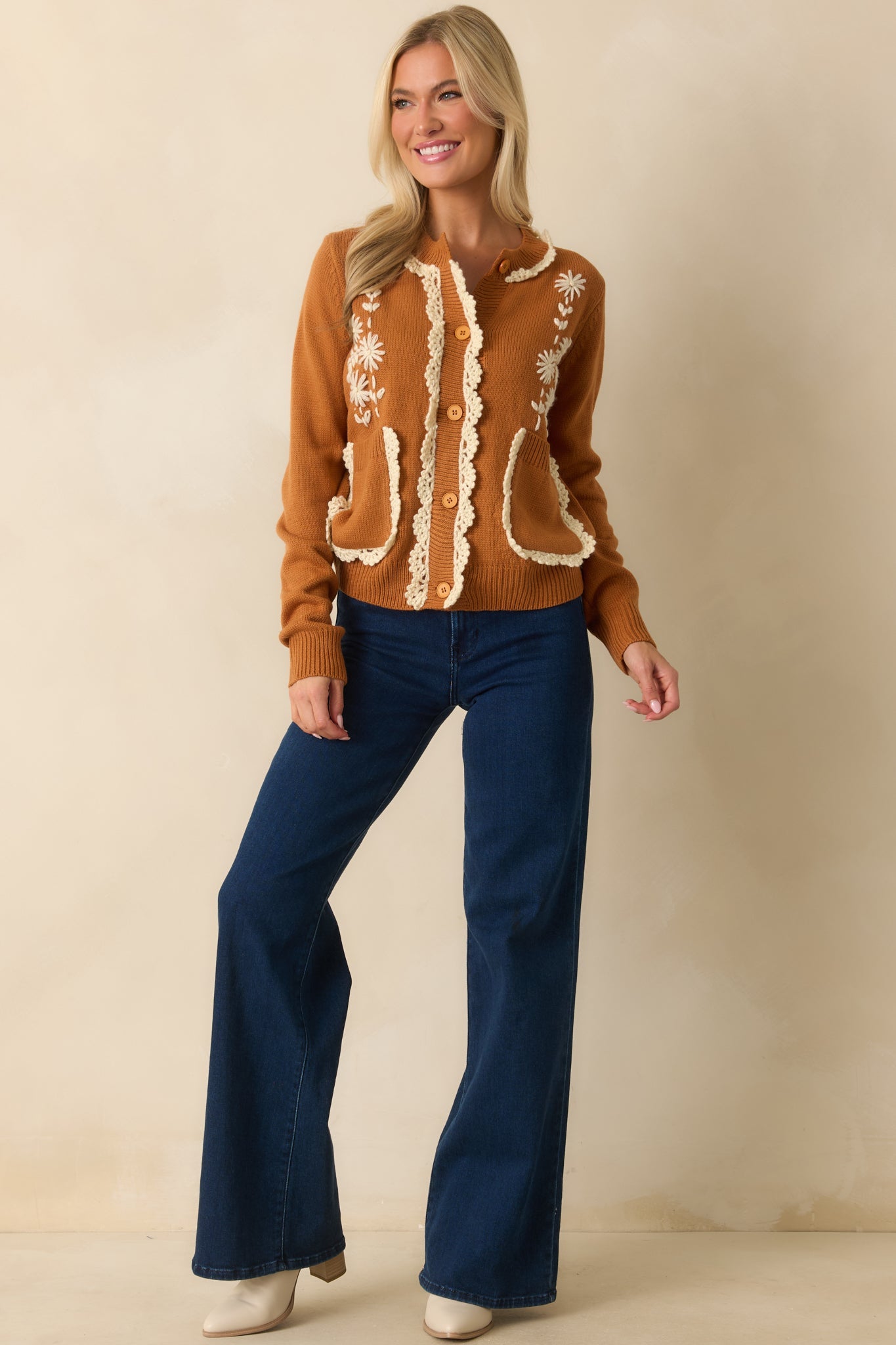Settling In Caramel Brown Floral Embroidered Button Front Cardigan