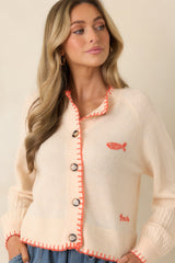 FRNCH Mara Ivory Contrast Stitch Fish Cardigan