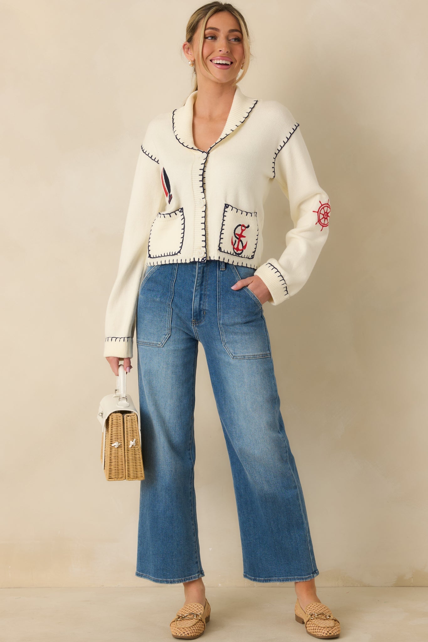 Knot Your Average Ivory Multi Knit Contrast Stitch Cardigan Sweater