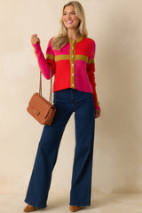 All About Now Pink and Red Knit Color Block Cardigan