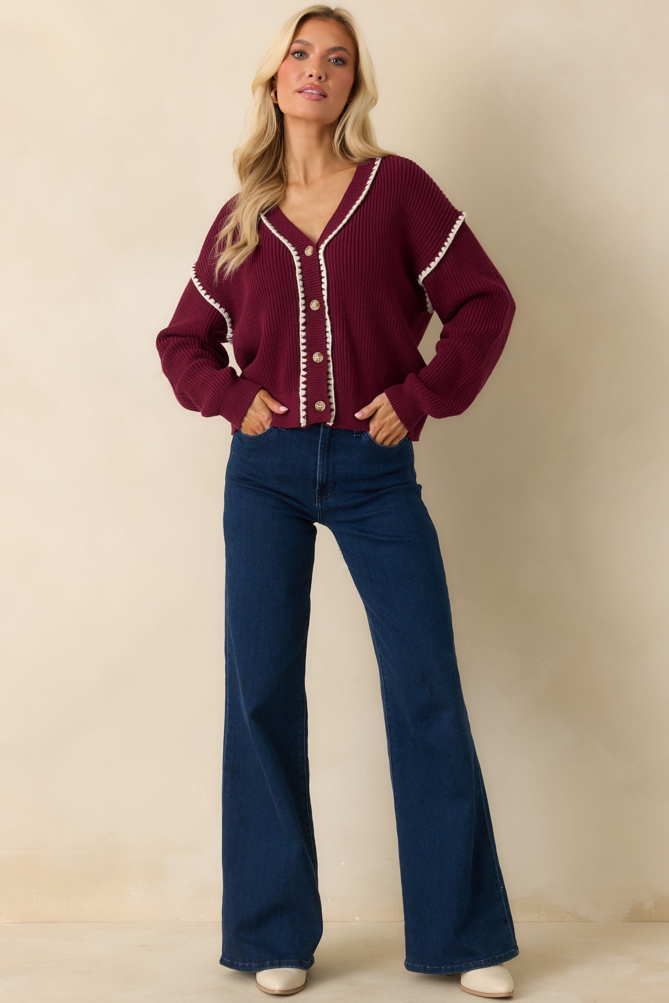 On The Mark Maroon Contrast Trim Knit Button Up Cardigan