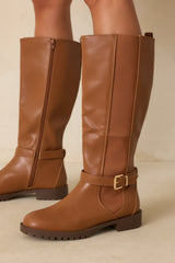Staying Put Caramel Brown Faux Leather Knee High Riding Boots