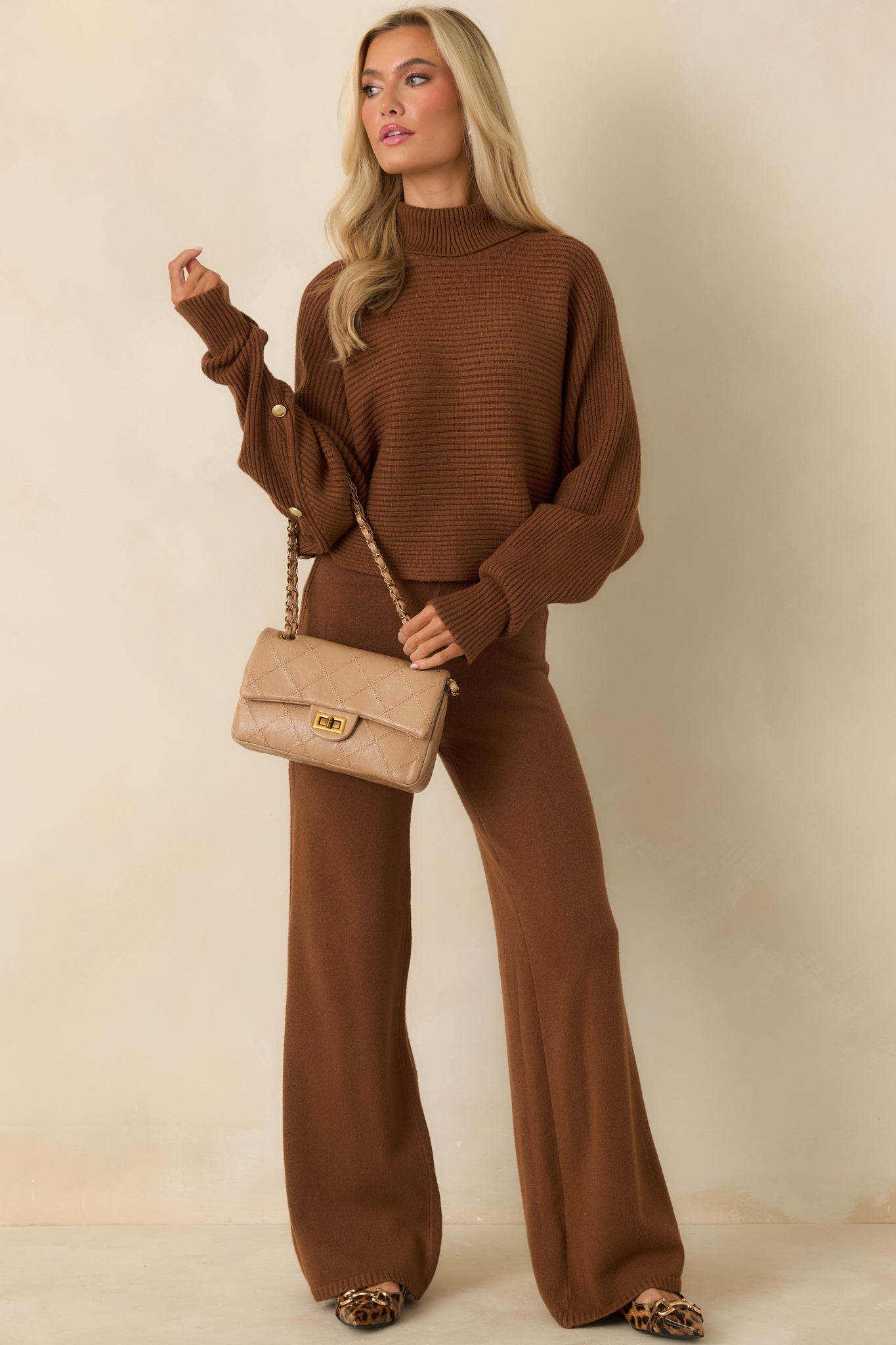 Polished Path Brown Ribbed Batwing Cropped Turtleneck Sweater