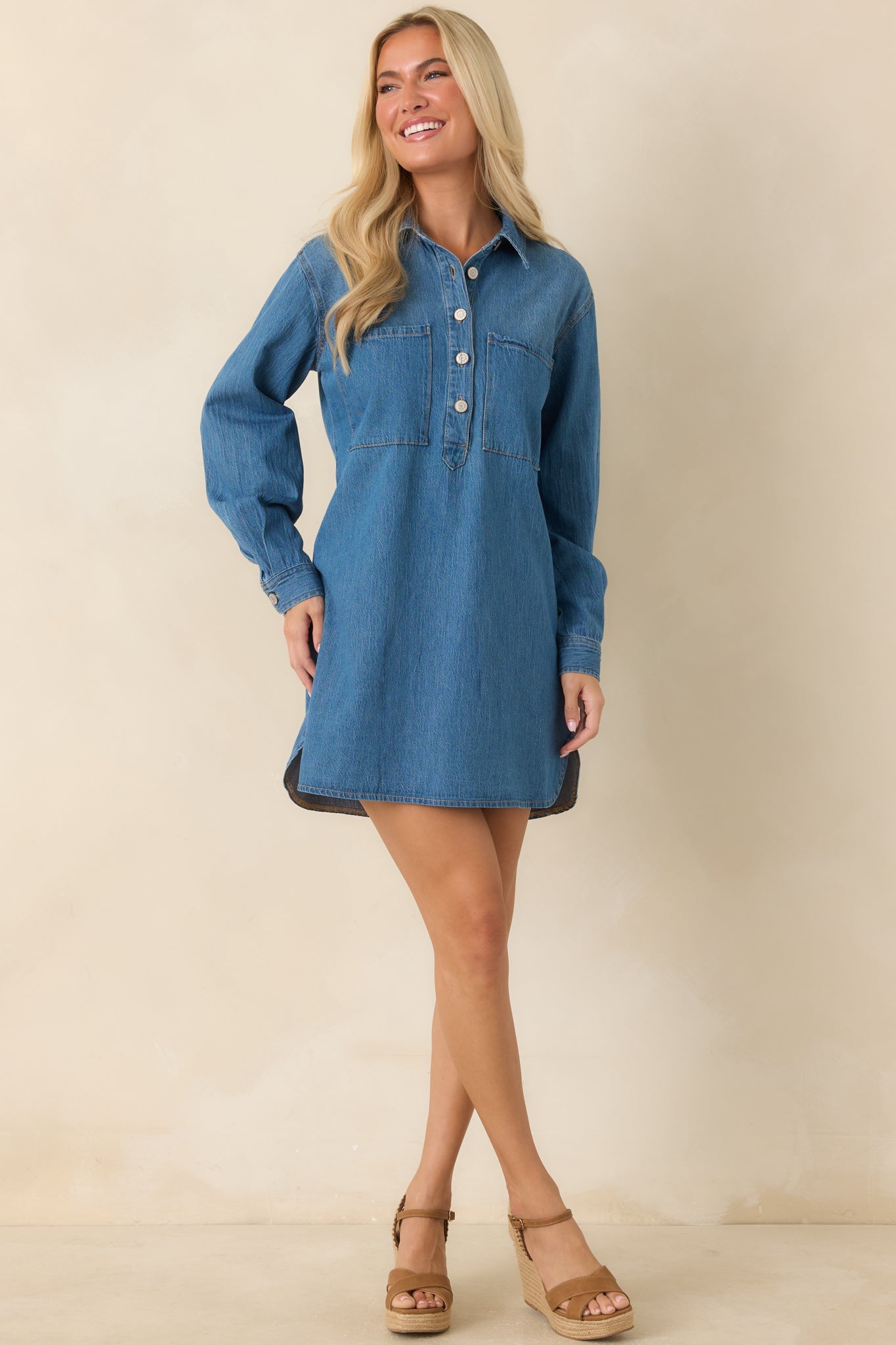 Z Supply Lucie Medium Wash Cotton Denim Mini Shirt Dress