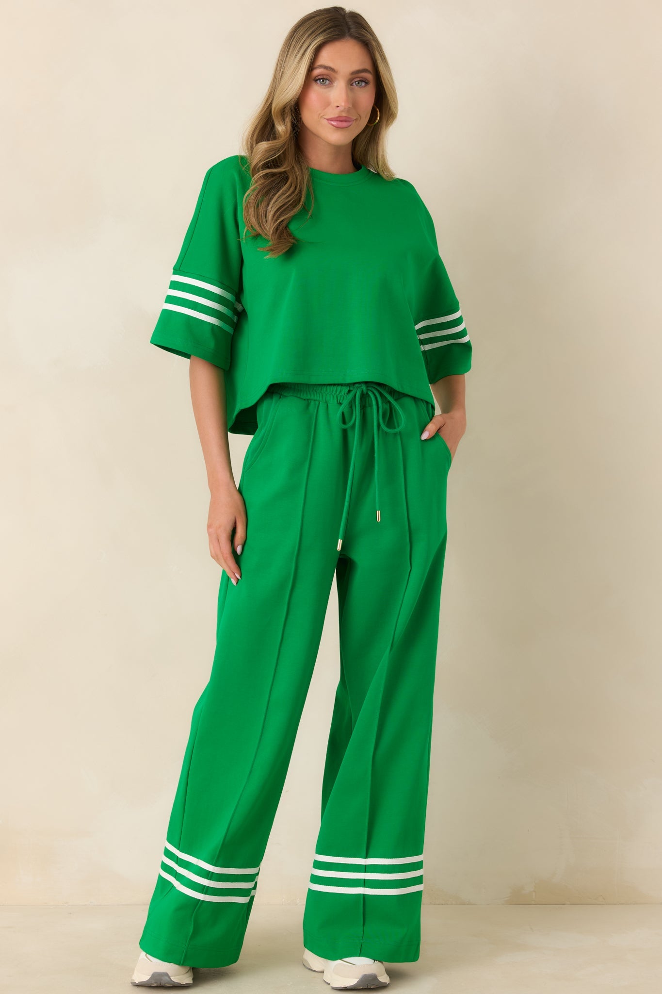 Line & Leisure Green Cotton Blend Contrast Stripe Drawstring Pants