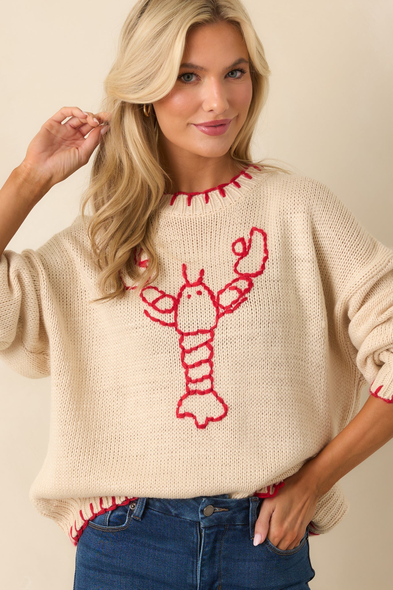 Harbor Nights Ecru Beige Lobster Motif Oversized Knit Sweater