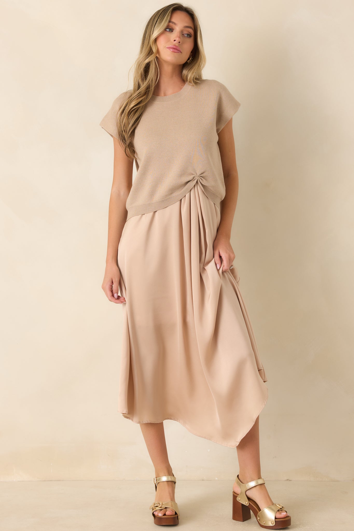 Easy Confidence Champagne Knit & Satin Sleeveless Midi Dress
