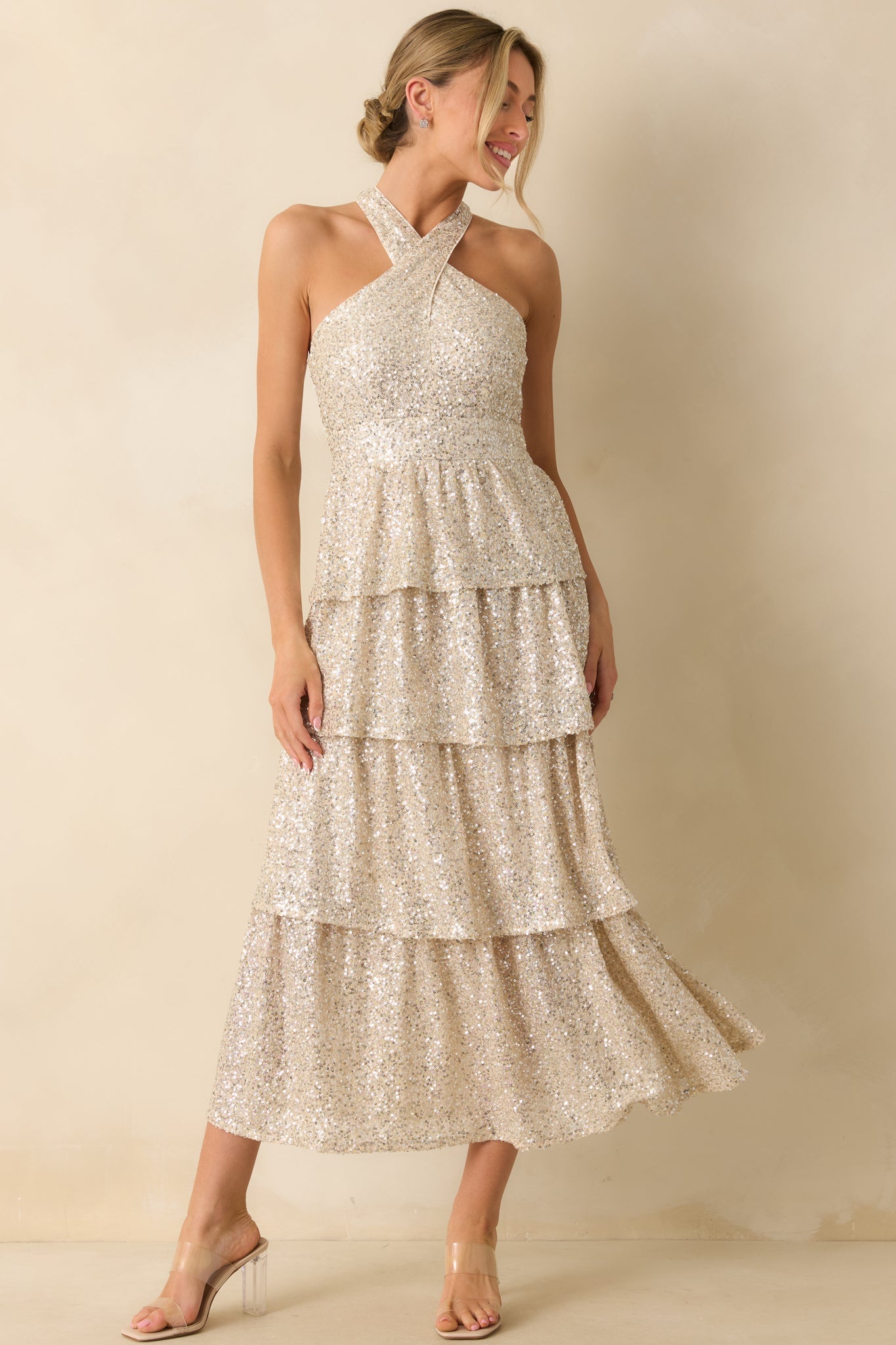 Always On Point Champagne Sequin Halter Maxi Dress
