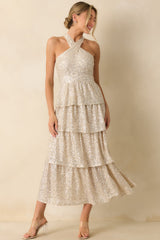 Always On Point Champagne Sequin Halter Maxi Dress