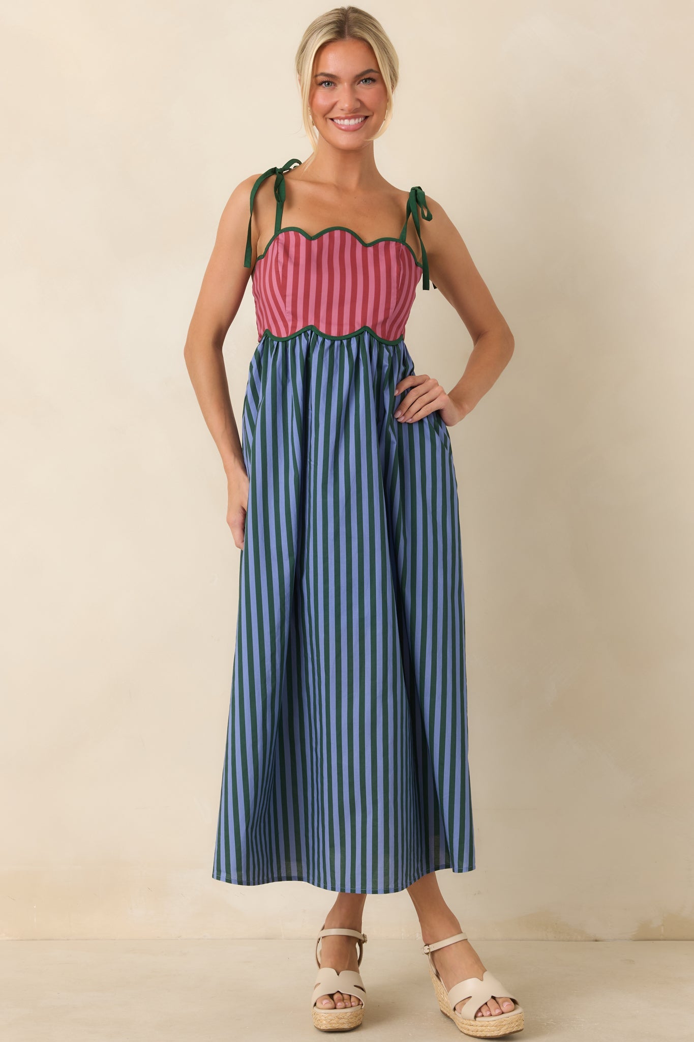 Wrong Place, Right Time Blue & Burgundy Stripe Cotton Midi Dress