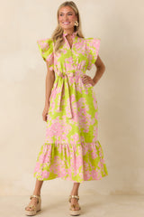 Fresh Air Floral Chartreuse & Pink Floral Cotton Eyelet Midi Dress