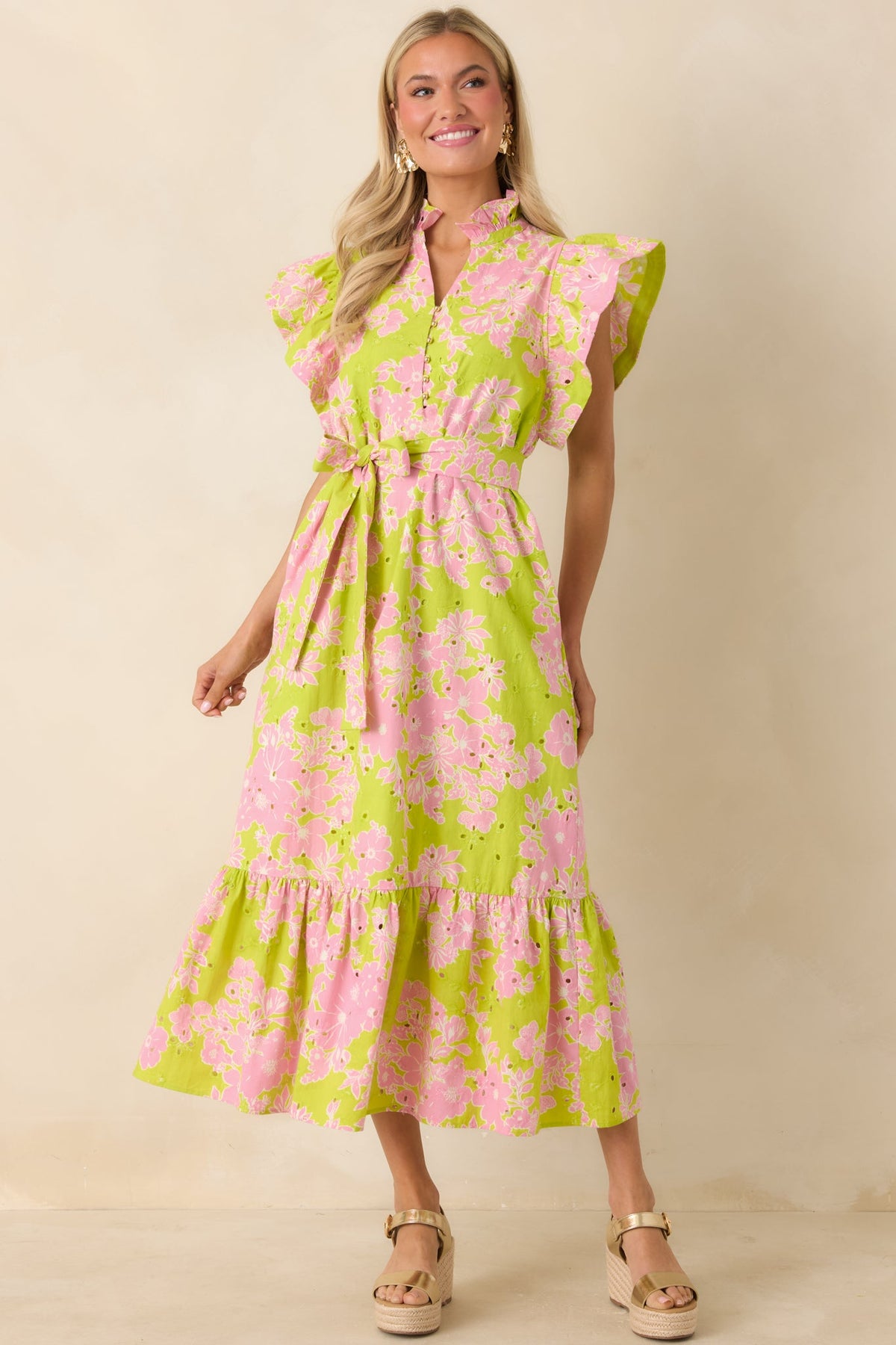 Fresh Air Floral Chartreuse & Pink Floral Cotton Eyelet Midi Dress