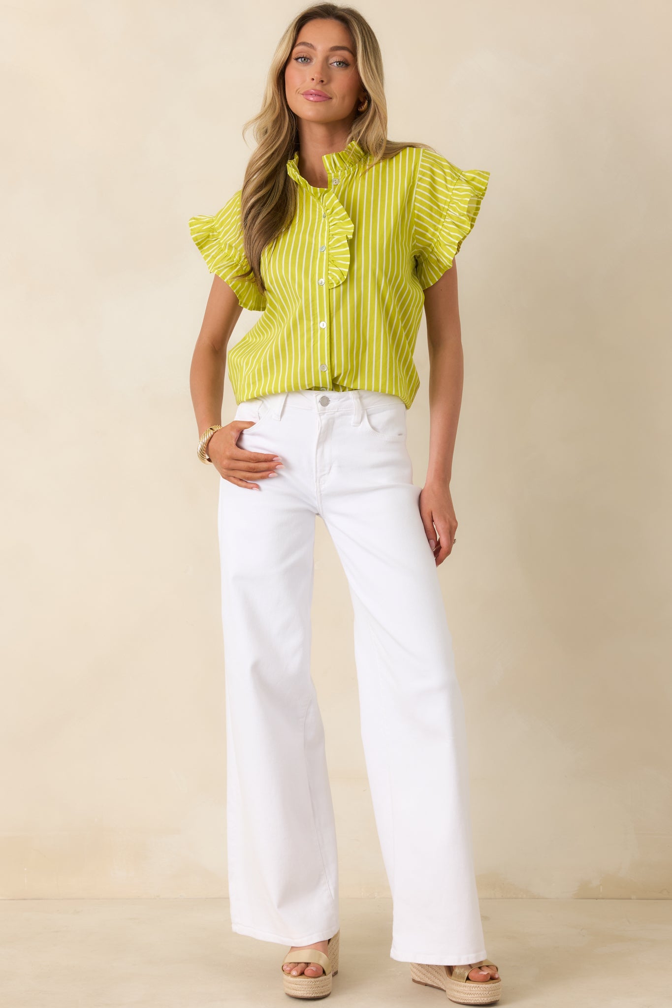 Say Less Chartreuse Stripe Cotton Ruffle Trim Blouse