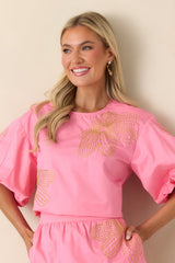 Pop of Play Pink Contrast Embroidered Cotton Top