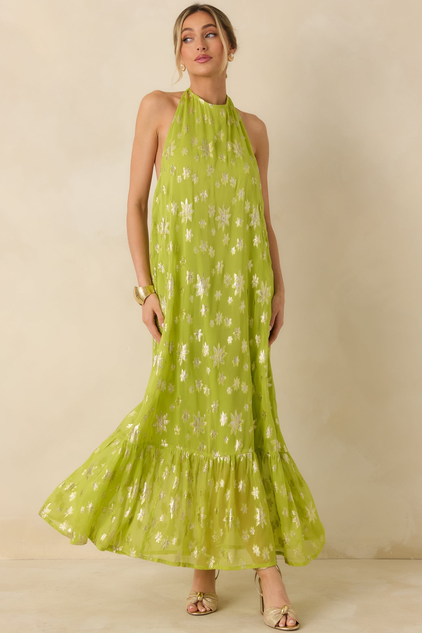 Glow With Grace Chartreuse Metallic Floral Halter Maxi Dress