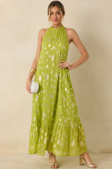 Glow With Grace Chartreuse Metallic Floral Halter Maxi Dress