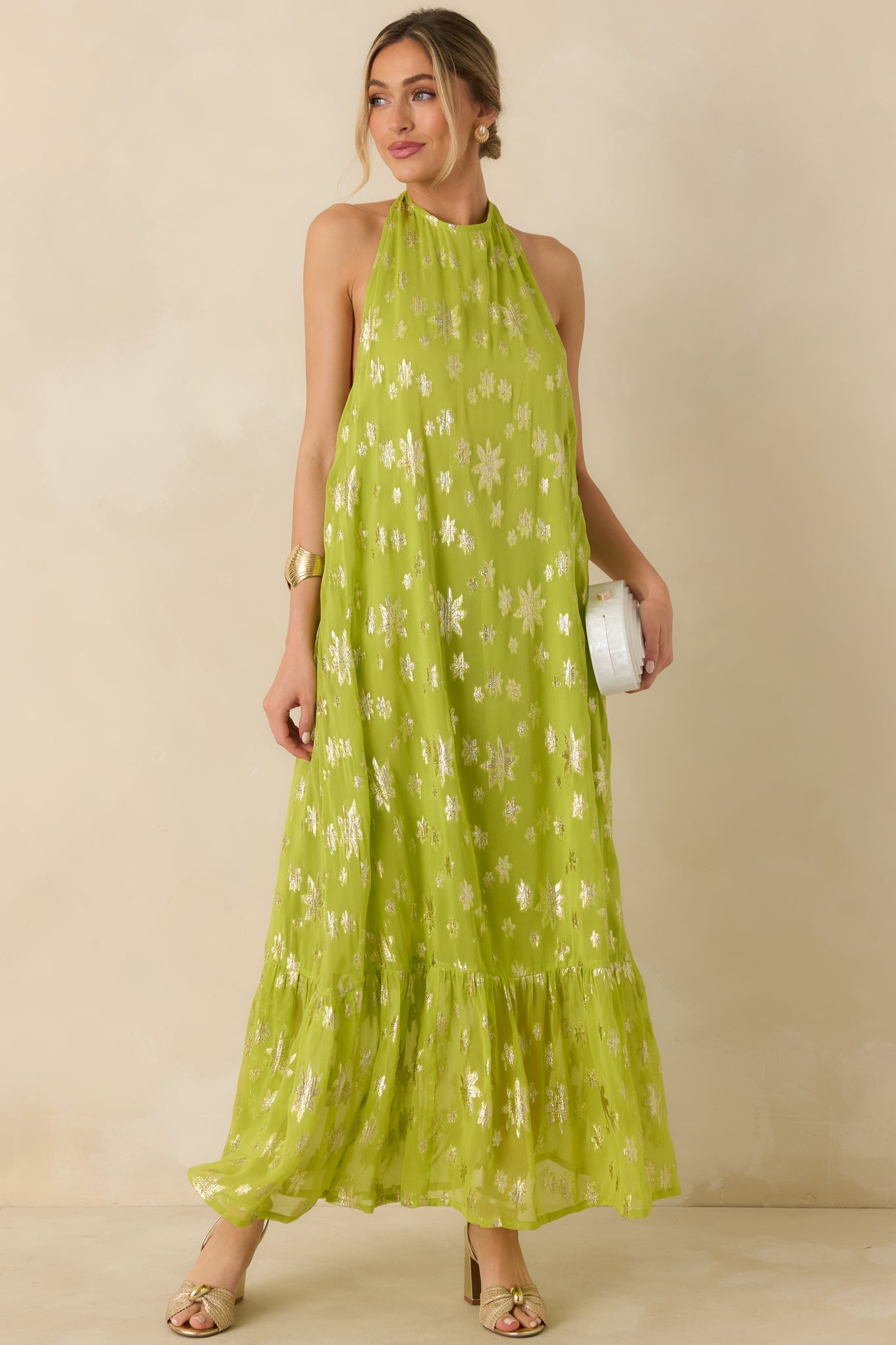 Glow With Grace Chartreuse Metallic Floral Halter Maxi Dress
