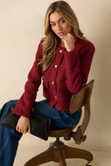 Whispered Warmth Cherry Red Bouclé Button Front Jacket