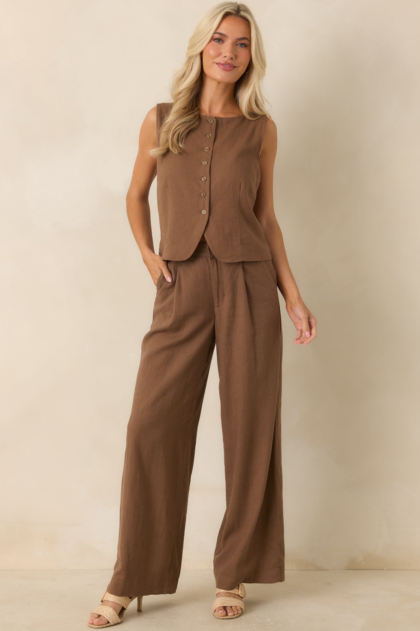 Z Supply Roman Chestnut Brown Linen Button Front Vest