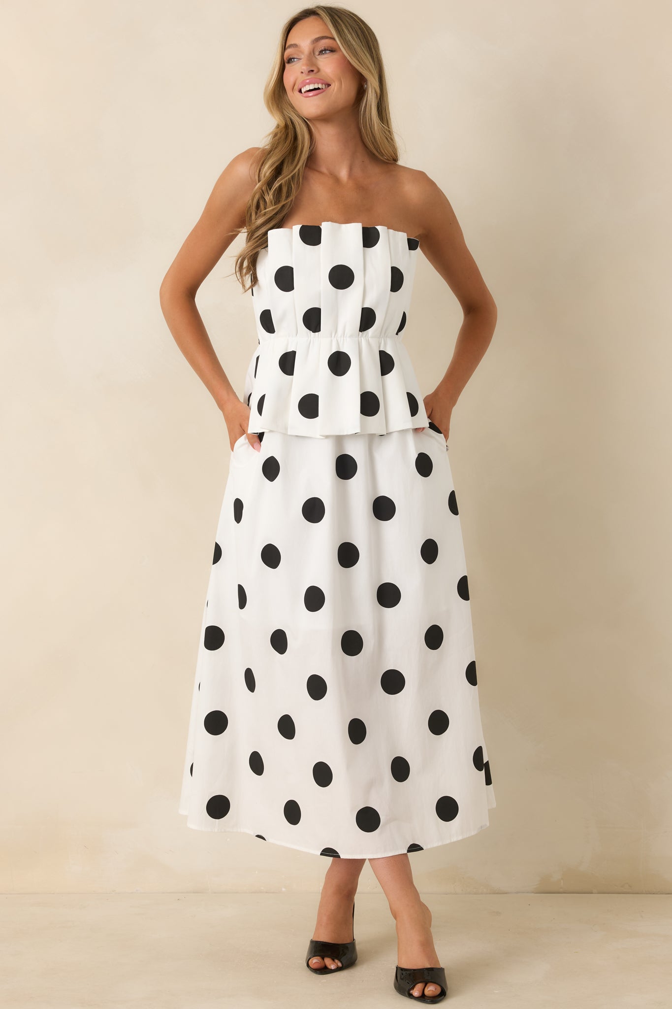 A Class of Her Own White & Black Polka Dot Strapless Midi Dress