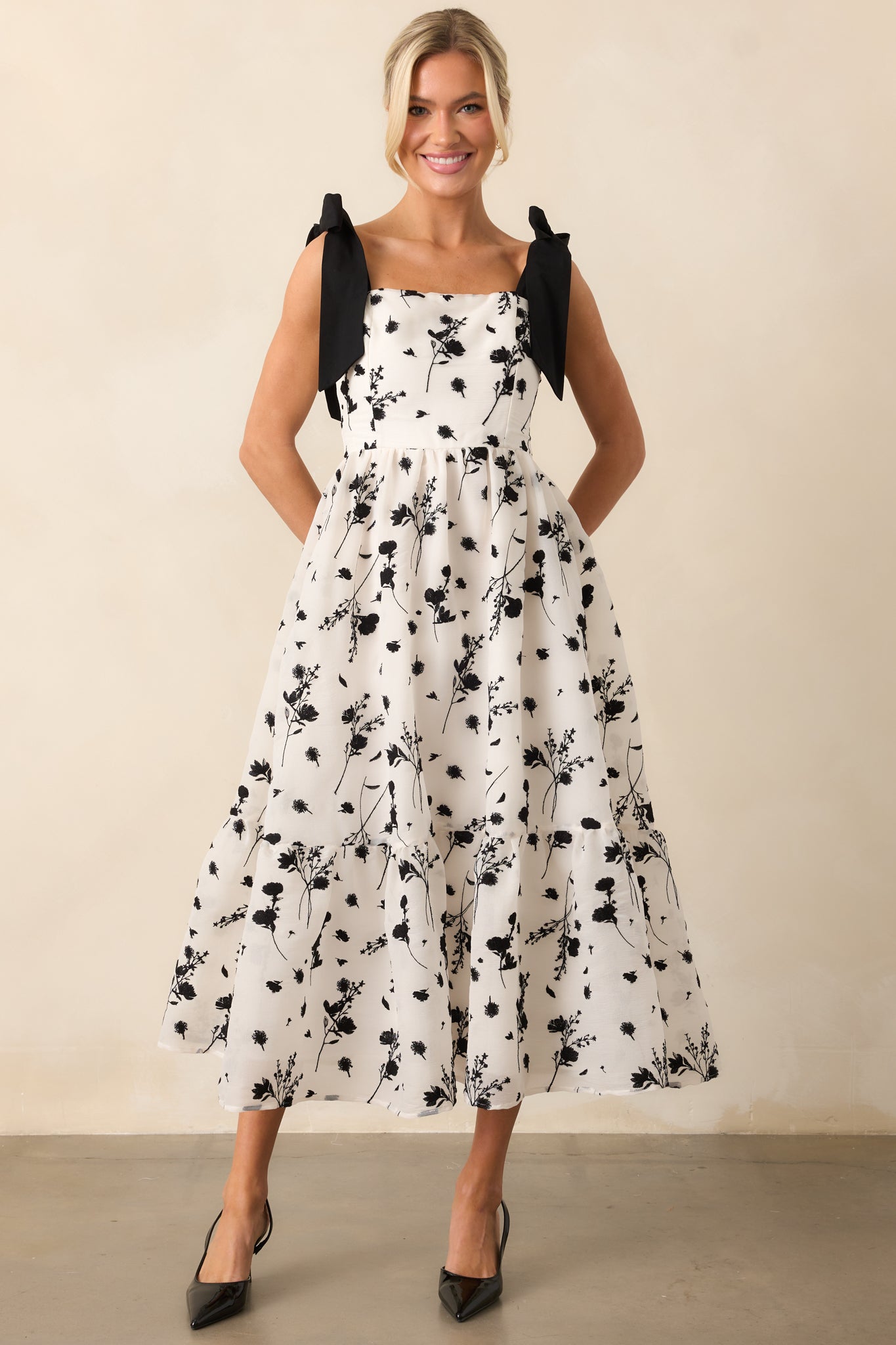 Right On Time Black Floral Embroidered Midi Dress