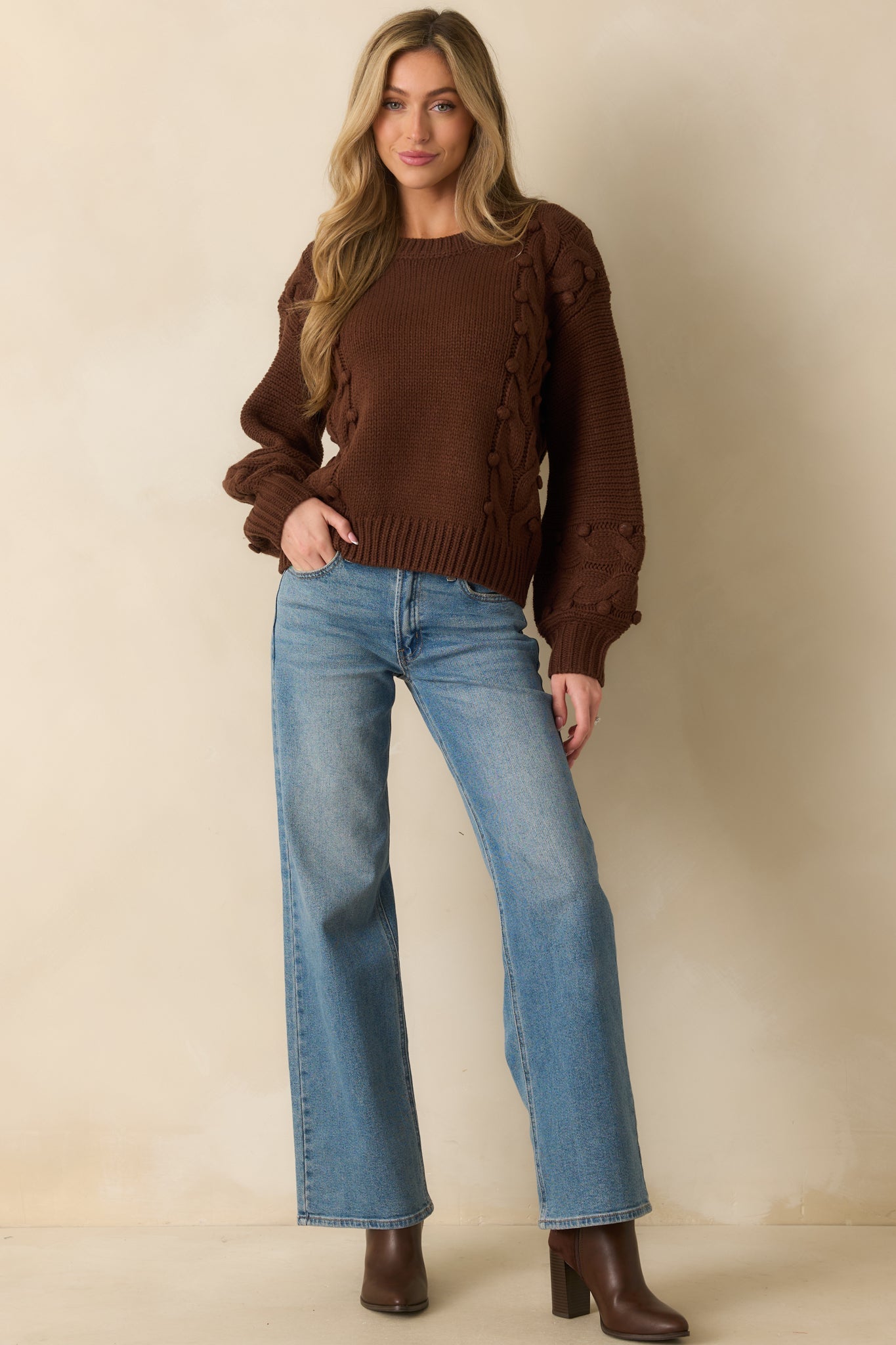 Let's Be Honest Chocolate Brown Cable Knit Long Sleeve Sweater