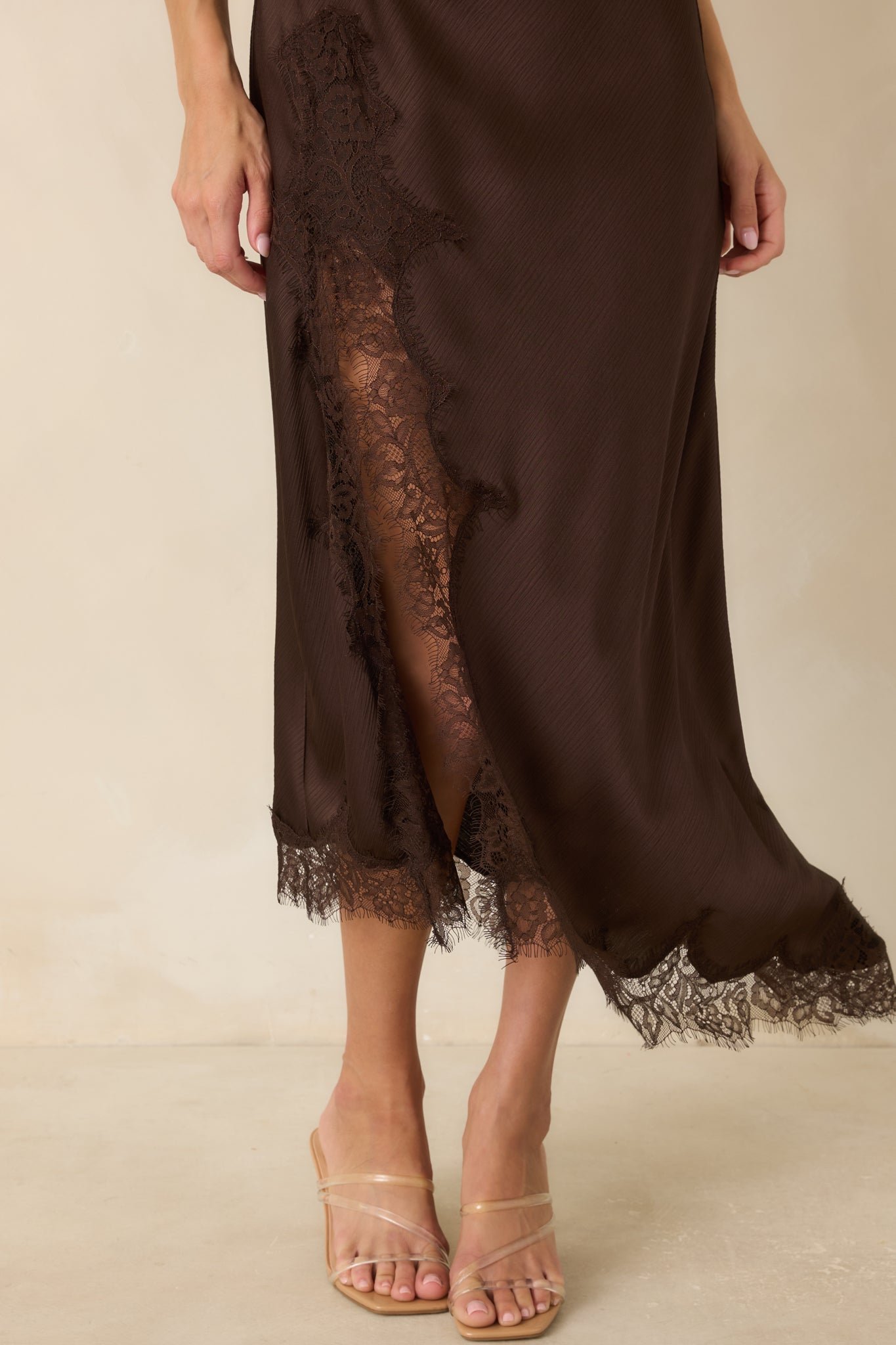 Just Like in the Movies Chocolate Satin Lace Slip Midi Dress