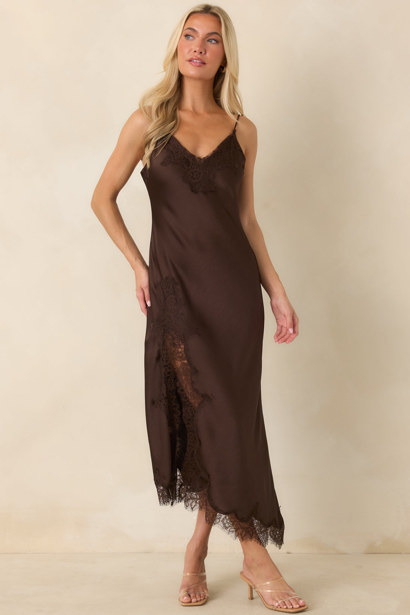Just Like in the Movies Chocolate Satin Lace Slip Midi Dress